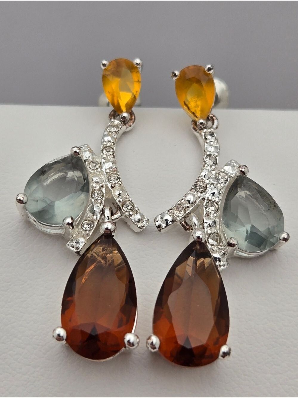 Nataliya Collister Gemstone Earrings Quartz Teardrop Pave Yellow Brown 1.25”